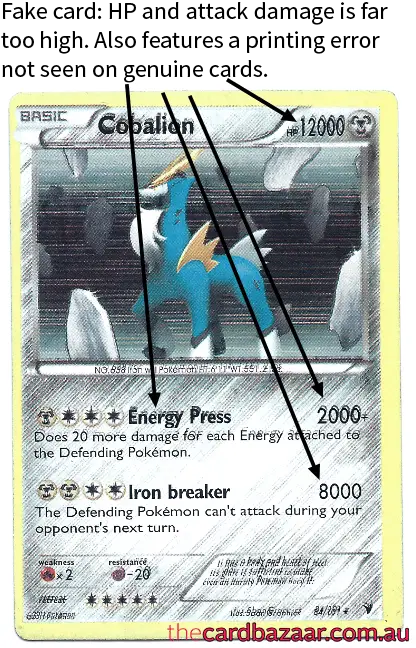A fake Pokemon card with HP and attack damage that is too high.