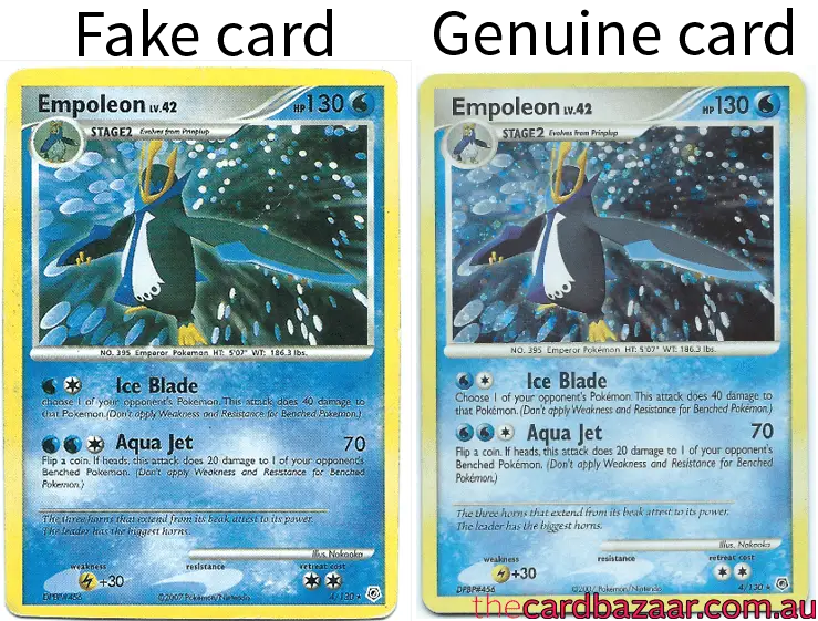 Side by side placement of a fake and a genuine Pokemon card.