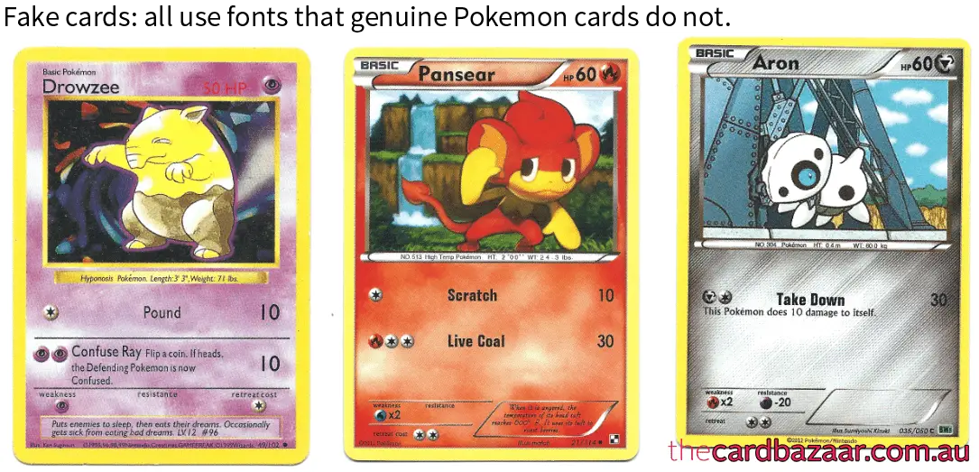 Fake Pokemon cards with an irregular font.